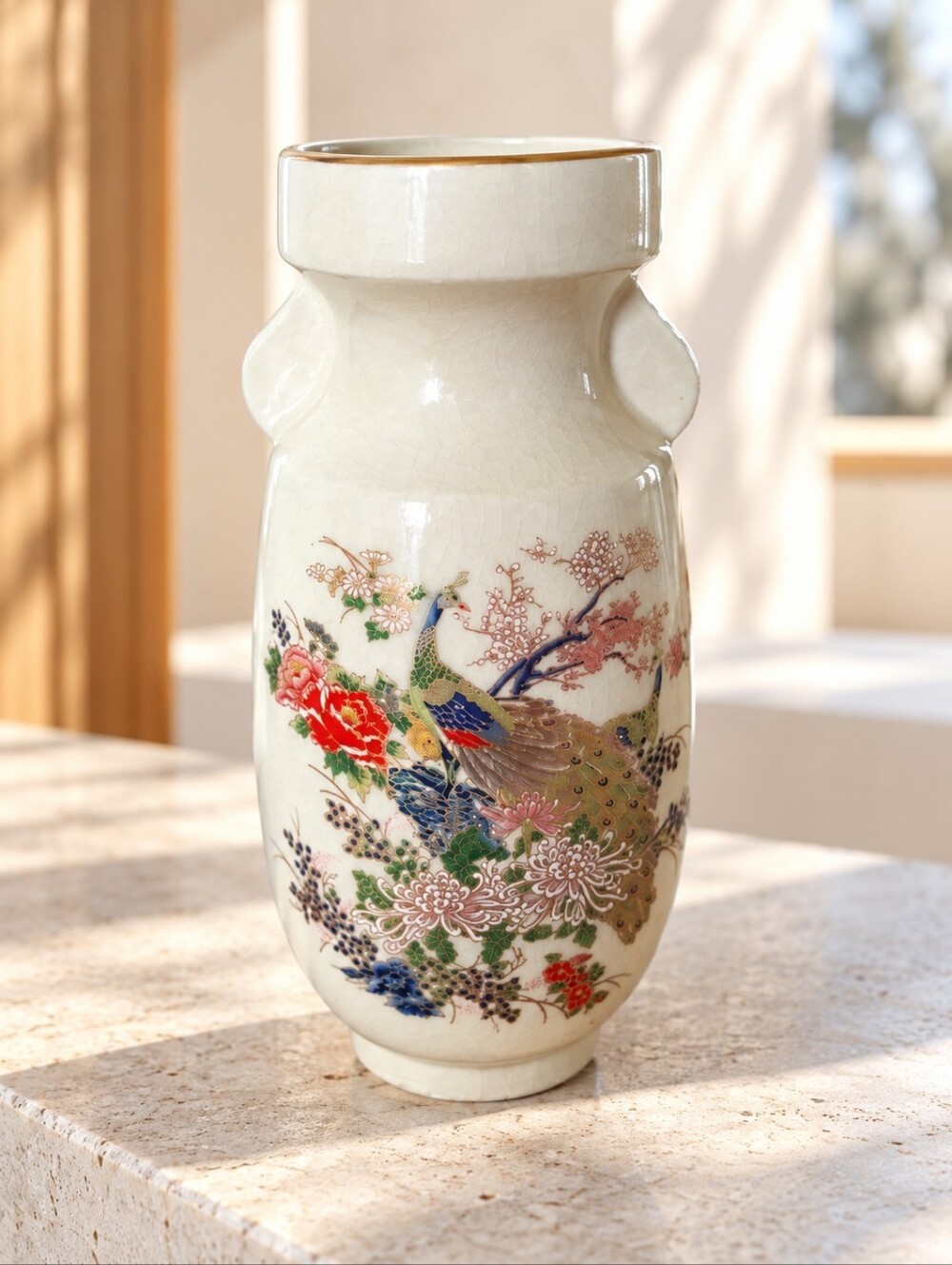 Vintage Bijutsu Toki Japan Peacock Floral Crackle Glaze Vase 6" Gold